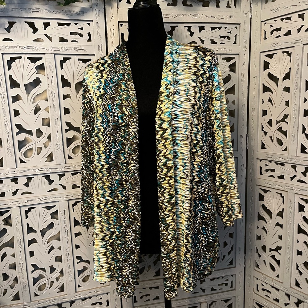 NY COLLECTION SWEET BROWN TAN & TURQUOISE OPEN FRONT STRETCHY JACKET CARDIGAN